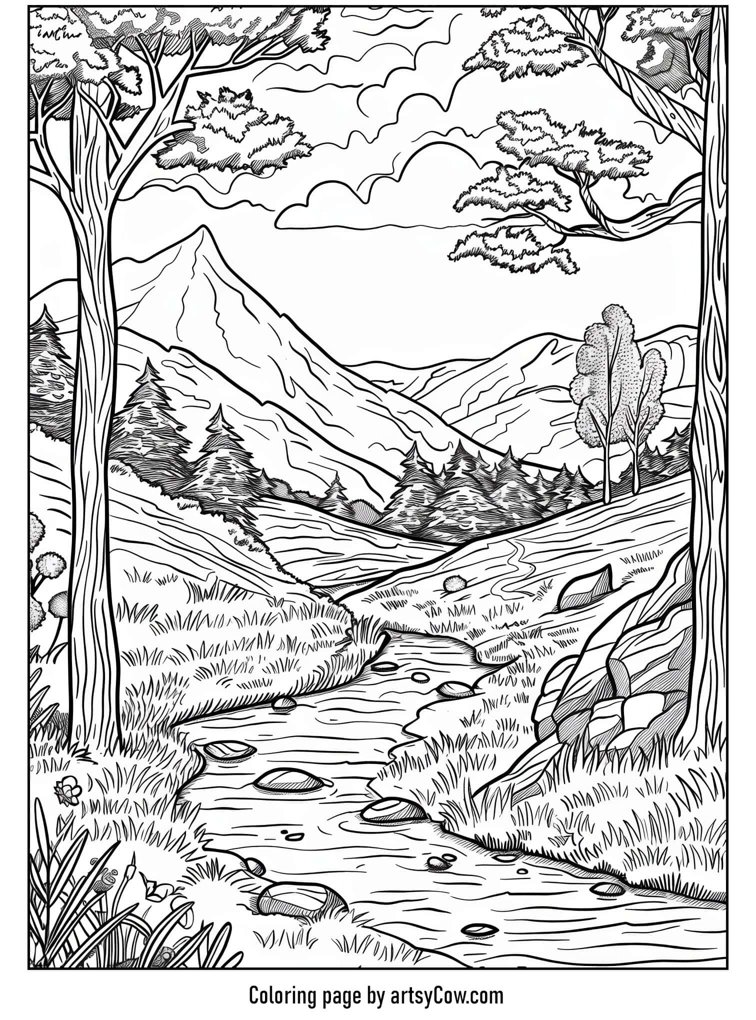 a scenic green valley with a winding stream, surrounded by trees and mountains